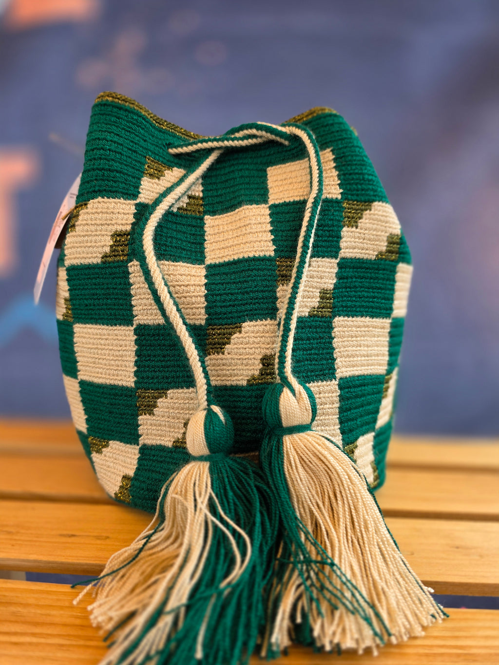 Green and Cream Checkerboard Bucket Crossbody Bags (Small and Medium)