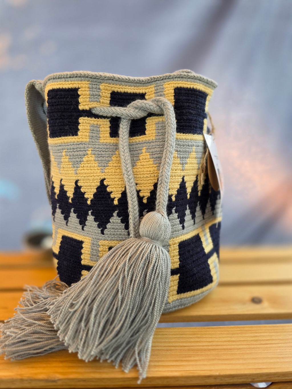 Amberstone— Handwoven Mochila Two-Thread Crossbody Bucket Bag Small