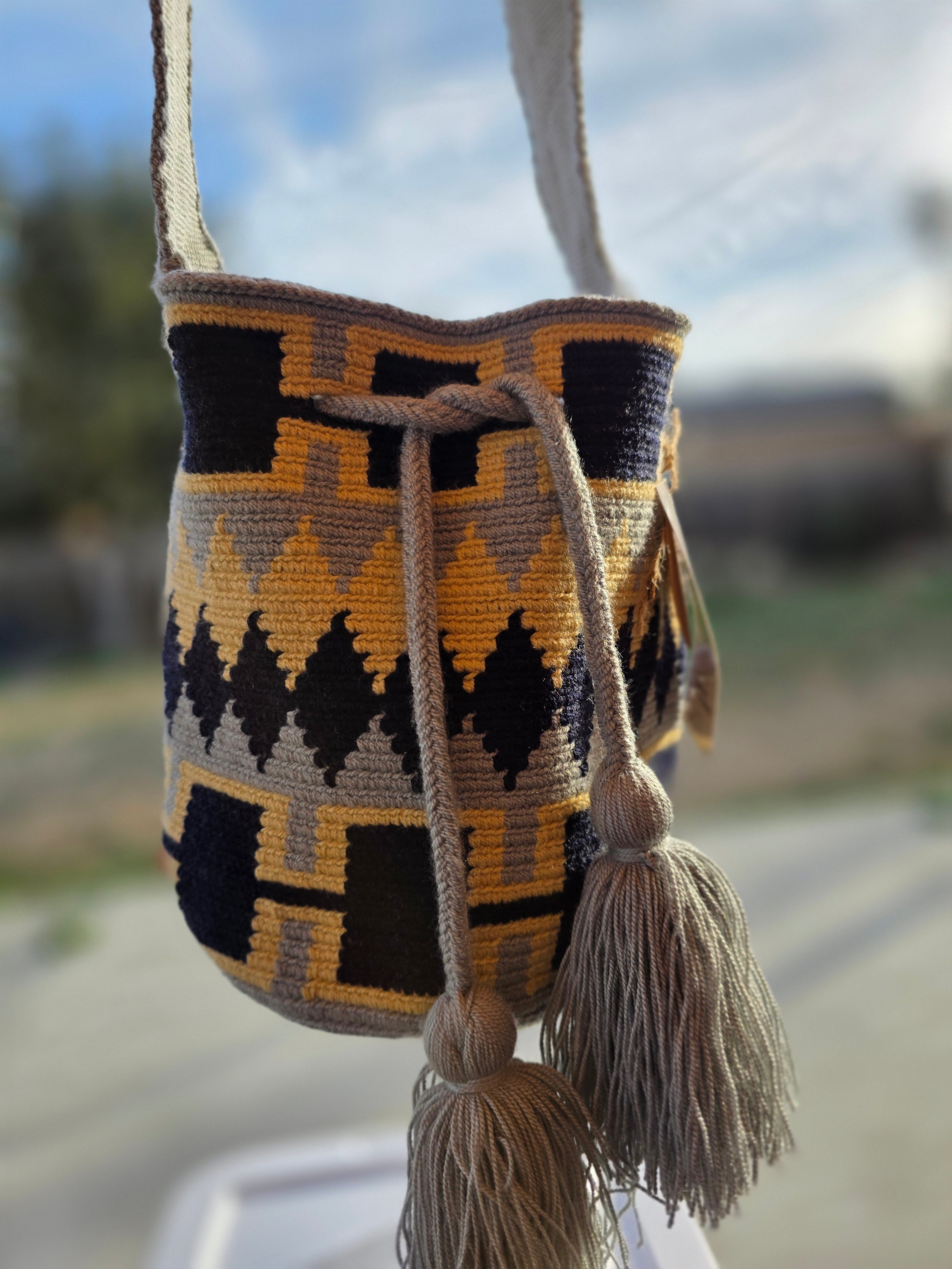 Amberstone— Handwoven Mochila Two-Thread Crossbody Bucket Bag Small