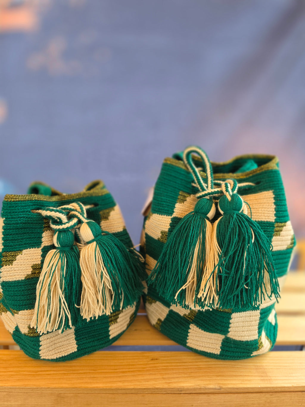 Green and Cream Checkerboard Bucket Crossbody Bags (Small and Medium)