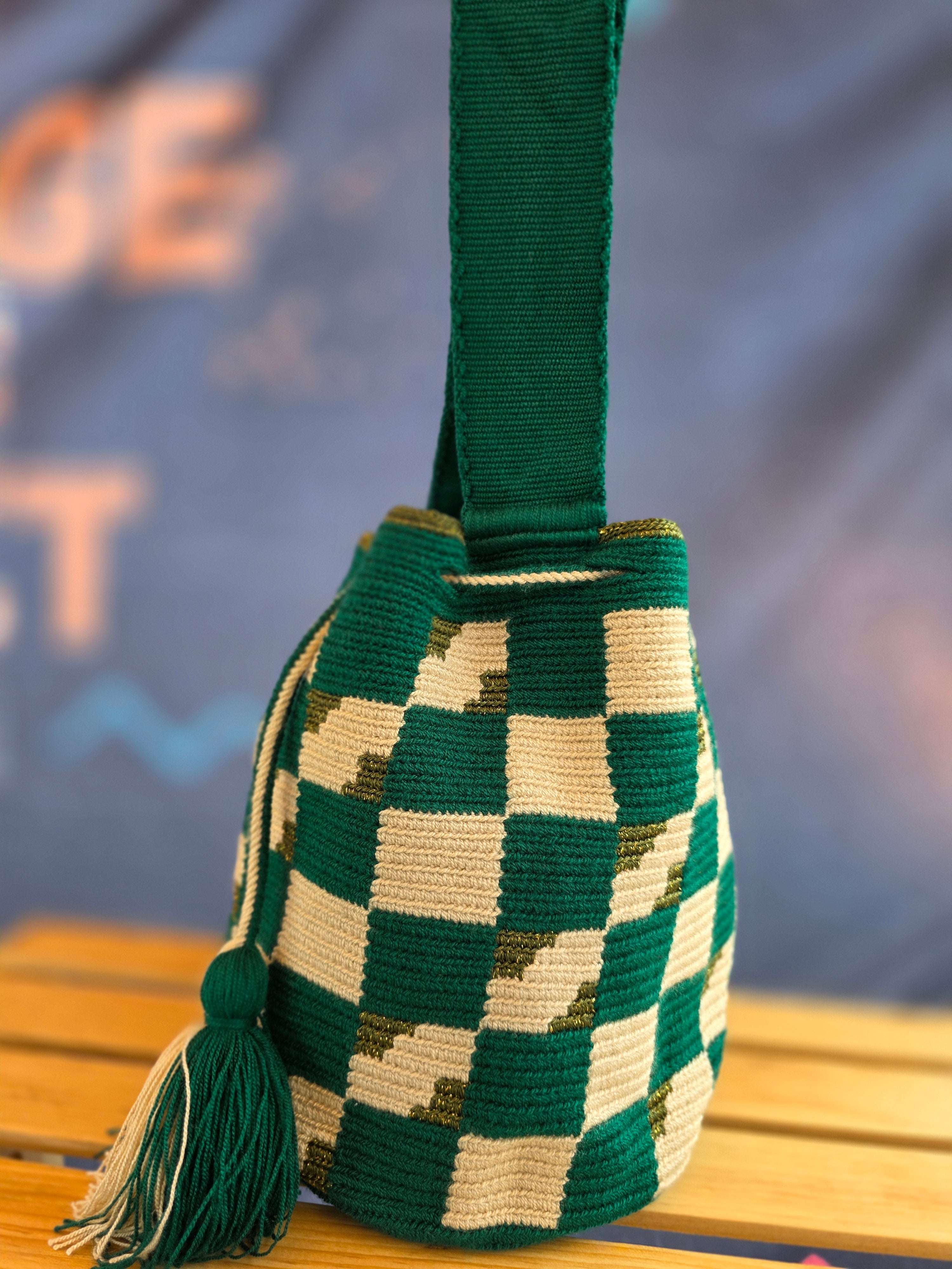 Green and Cream Checkerboard Bucket Crossbody Bags (Small and Medium)